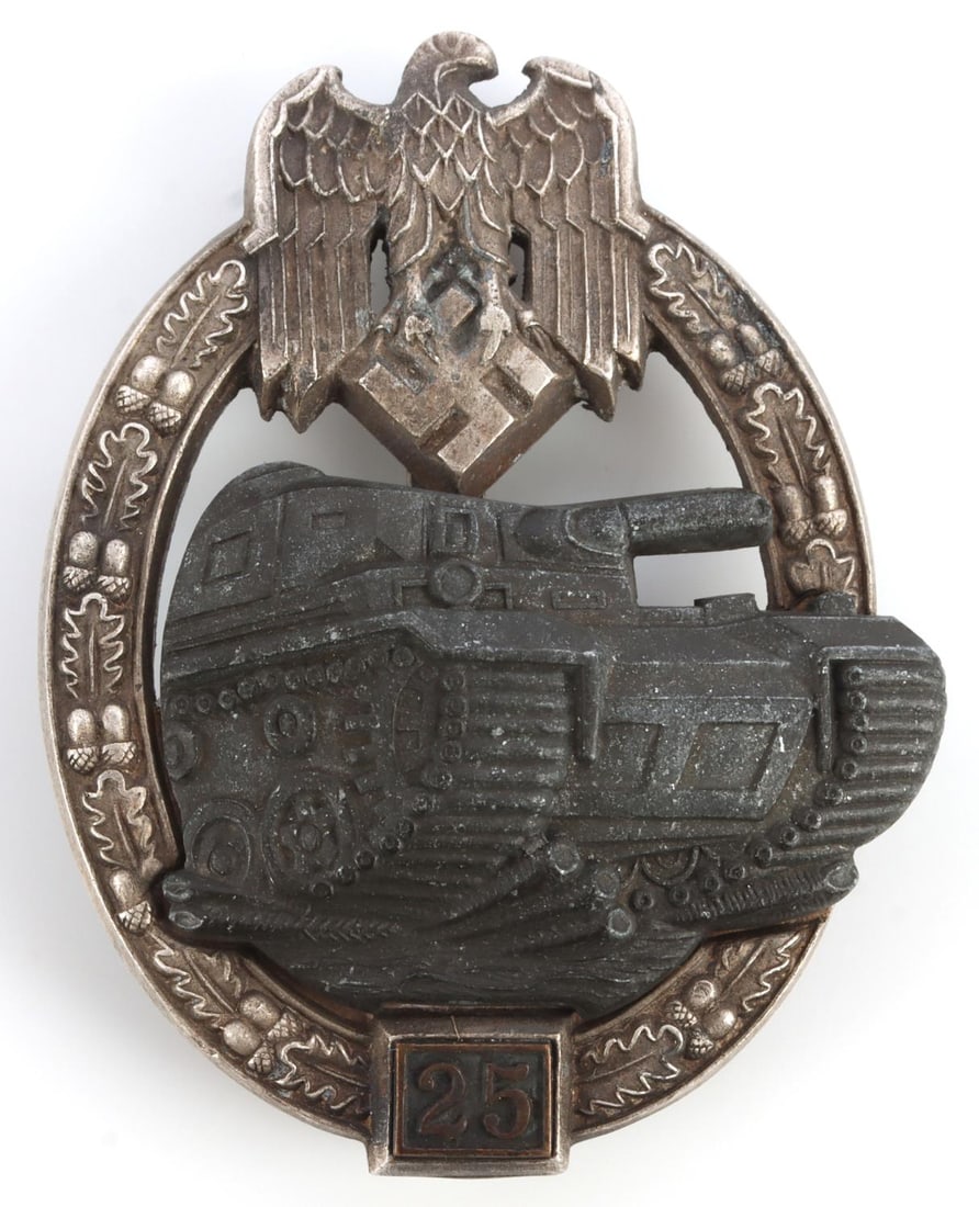 WWII GERMAN 25 PANZER ASSAULT BADGE: Firm, not wobbly. Stout pin to a point. Not makers stamped. Well-crafted .Very good, original condition. This lot has a reserve.