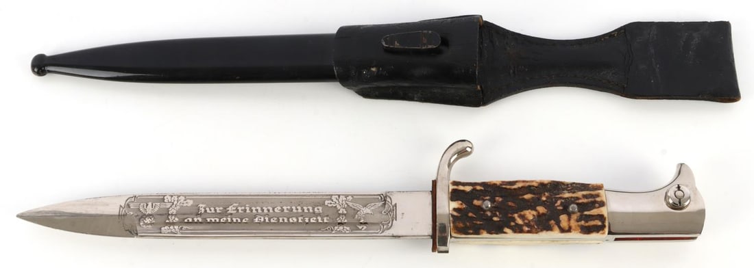 WWII GERMAN ETCHED FIRE POLICE DRESS BAYONET: Third Reich fire police dress bayonet with stag grip, polished blade and etched decoration. Includes scabbard and frog. No maker's mark. Very good condition. Unauthenticated, sold "as is."