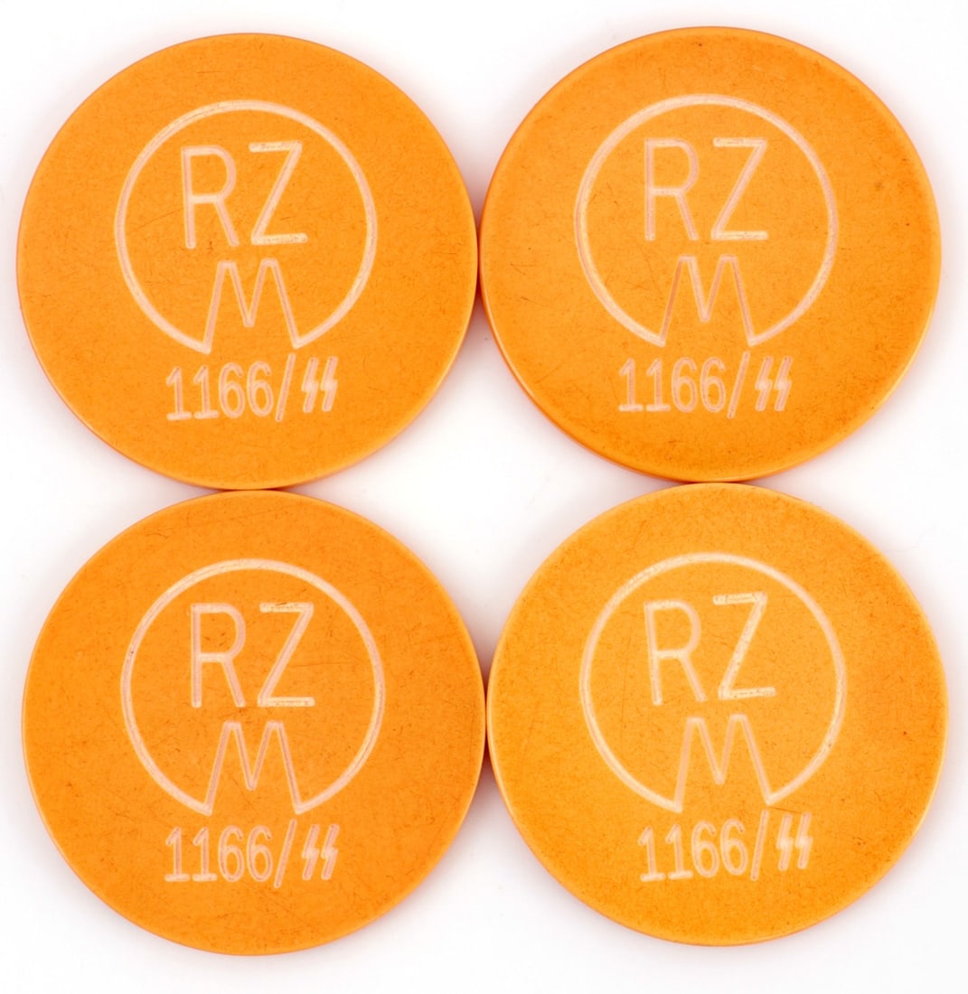 LOT OF 4 EMIL VOOS SOLINGEN BAKELITE QUALITY CHIPS: Lot of FOUR (4) yellow bakelite quality chips. On one side reads "RZM 1166/SS" and on the other "Emil Voos SS Dolch Solingen." RZM number on chip corresponds to the SS Honor Dagger. 1.5 inch diameter.