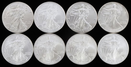 LOT OF 8 MIXED DATE SILVER AMERICAN EAGLE BU COINS