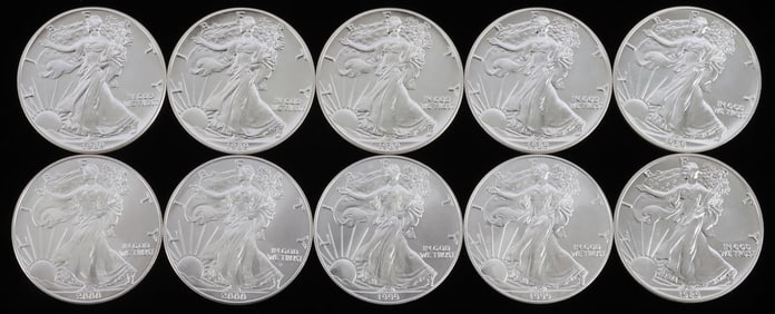 LOT OF 10 MIX DATE AMERICAN SILVER EAGLE COINS