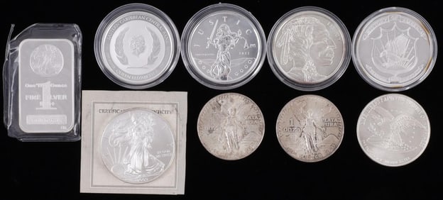 9 AMERICAN EAGLE MEXICO ONZA BUFFALO SILVER COINS
