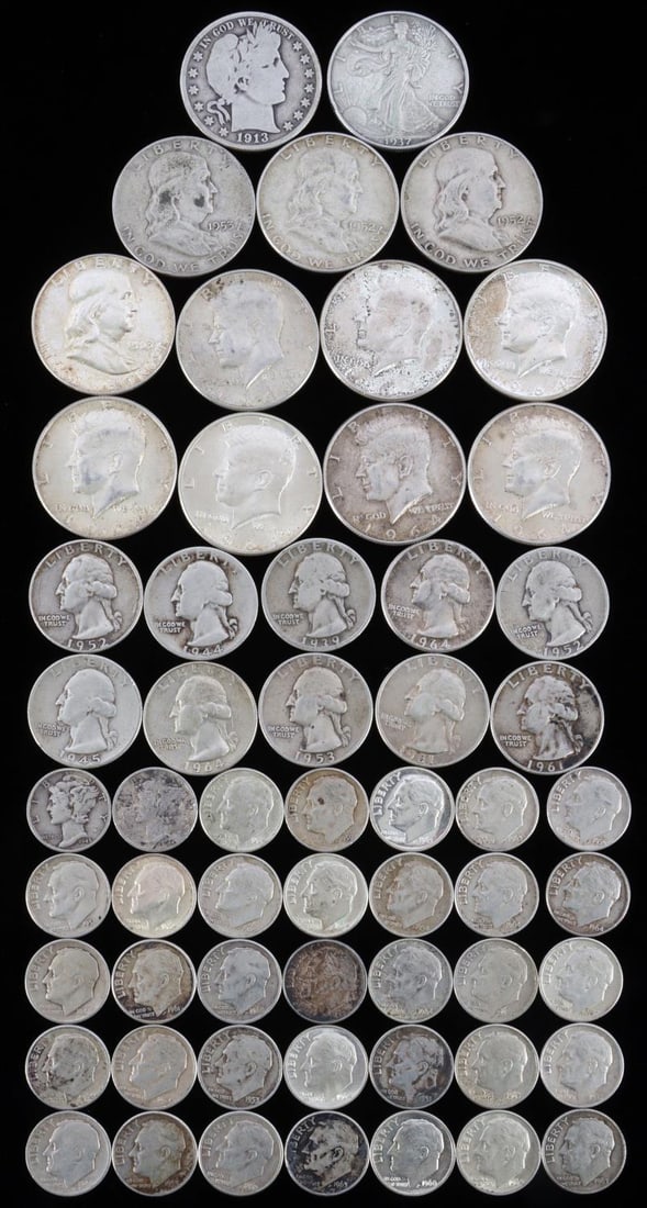 $12.50 FACE VALUE 90% SILVER U.S. COIN LOT MIXED: Franklins, Barber, Walking and others from circulation. This lot has a reserve.