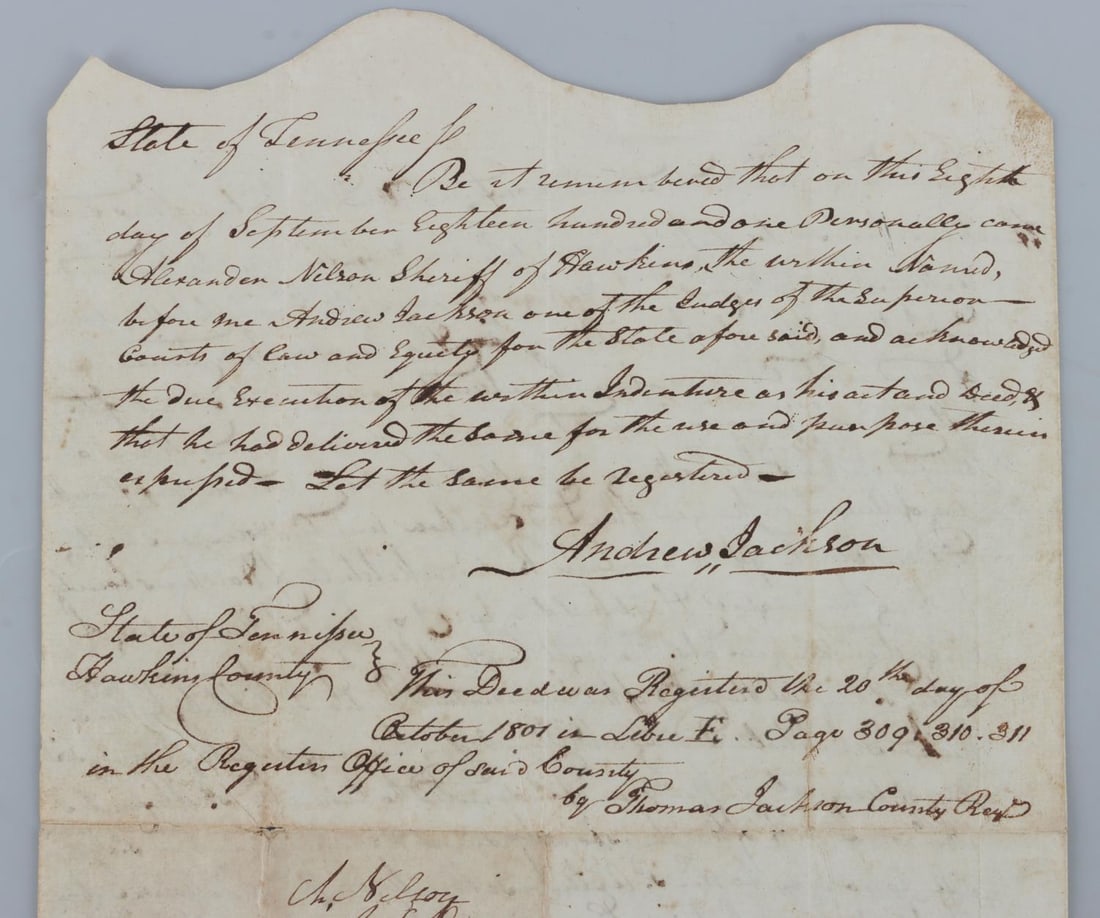 US ANDREW JACKSON WRITTEN & SIGNED COURT DOCUMENT: Court document containing a legal decision involving sheriff Andrew Nelson. Dated to 1801, when Andrew Jackson was serving on the Tennessee Superior Court. Back of document has a legal paragraph writt