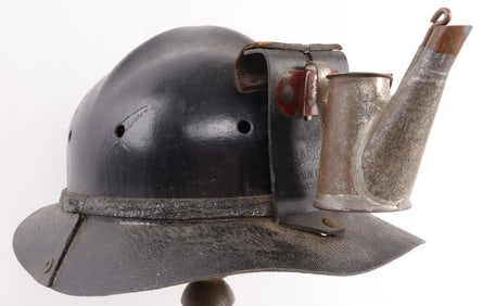 ANTIQUE 19TH CENTURY LEATHER MINER HELMET W LAMP