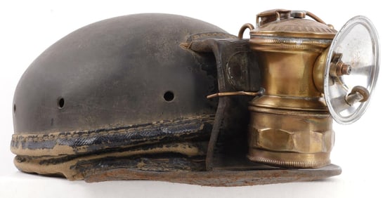 ANTIQUE 19.TH CENTURY MINER HELMET WITH LAMP