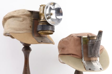 LOT OF 2 19TH CENTURY MINER CAPS HAT W LAMPS
