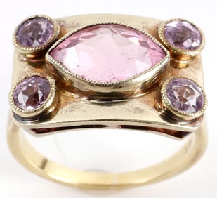 14K GOLD RING WITH FIVE RUBELLITE ON SQUARE MOUNT