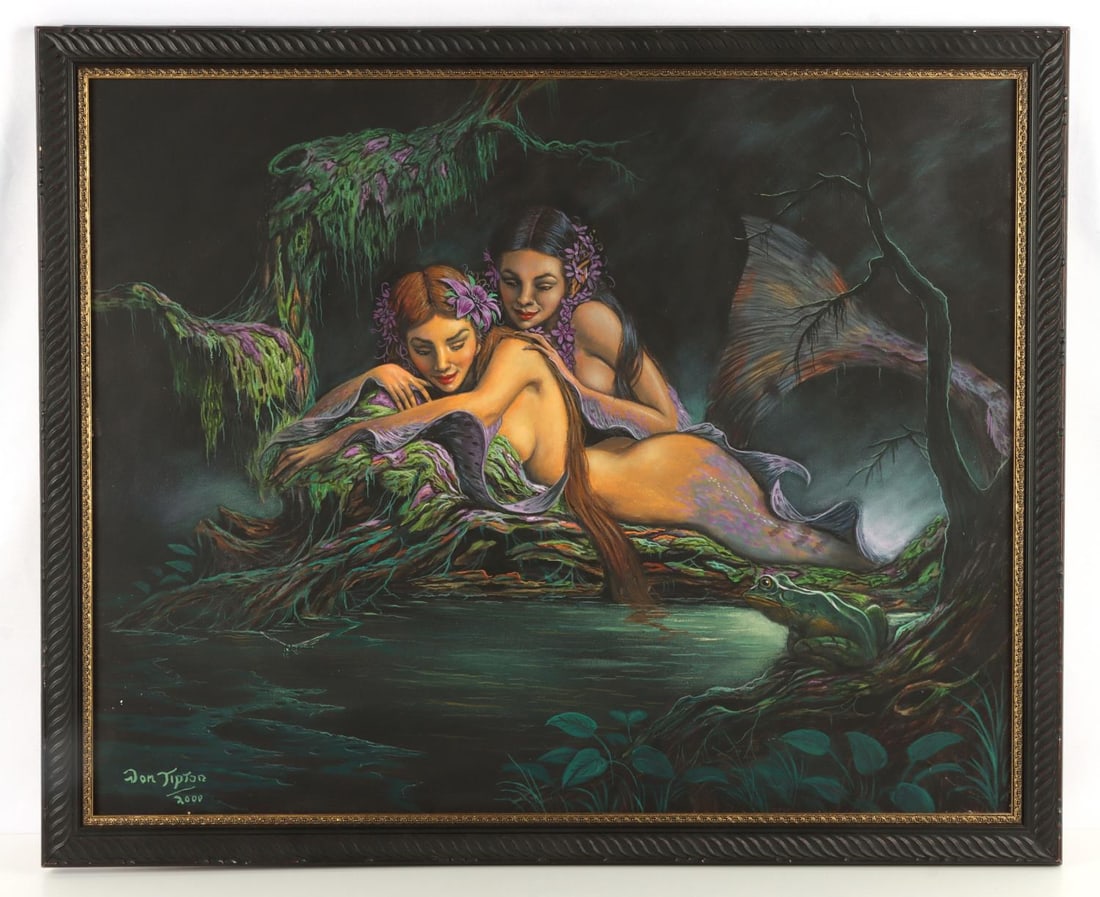 VON TIPTON TASTEFUL LESBIAN MERMAIDS PAINTING: Mixed media painting. 33 X 27 inches. Von Tipton (1946 - 2002) was a very prolific artist (over 800 paintings by 1999) he was also very flexible in composition as well. He could render traditional fin