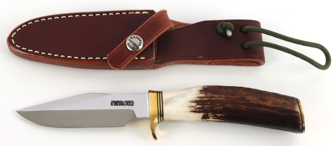 RANDALL MODEL 8 4 KNIFE TROUT AND BIRD: Carbon steel blade with stag grip and brass finger guard. Includes sheath.