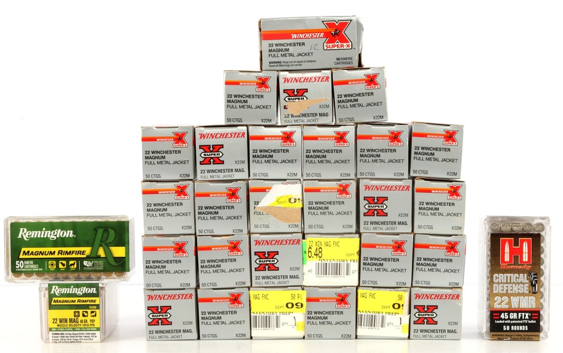 1500 ROUNDS .22 MAGNUM RIMFIRE AMMUNITION: Lot of 1500 rounds factory new .22 WMR rimfire ammunition. Includes Winchester Super-X 40gr FMJ, Remington 40gr PSP and Hornady 45gr FTX. Factory new. No international shipping.