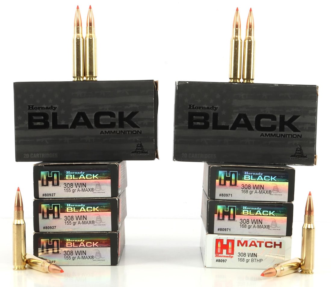160 RDS HORNADY 308 WIN MIXED GRAIN AMMO LOT: 4 boxes, 20 rounds each, 80 rounds total Hornady Black 308 WIN, 168 Grain, A-MAX. 3 boxes, 20 rounds each, 60 rounds total Hornady 308 WIN, 155 Grain, A-MAX. 1 box, 20 rounds Hornady 308 WIN, 168 Grai
