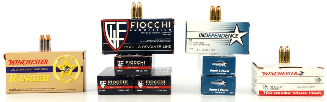 500 RDS ASSORTED 9MM LUGER MIXED GRAIN AMMO LOT: 4 boxes, 50 rounds each, 200 rounds total Fiocchi 9mm Luger, 115 Grain, JHP. 3 boxes, 50 rounds each, 150 rounds total Independence 9mm Luger, 115 Grain, HP. 1 box, 50 rounds Winchester 9mm Luger, 147