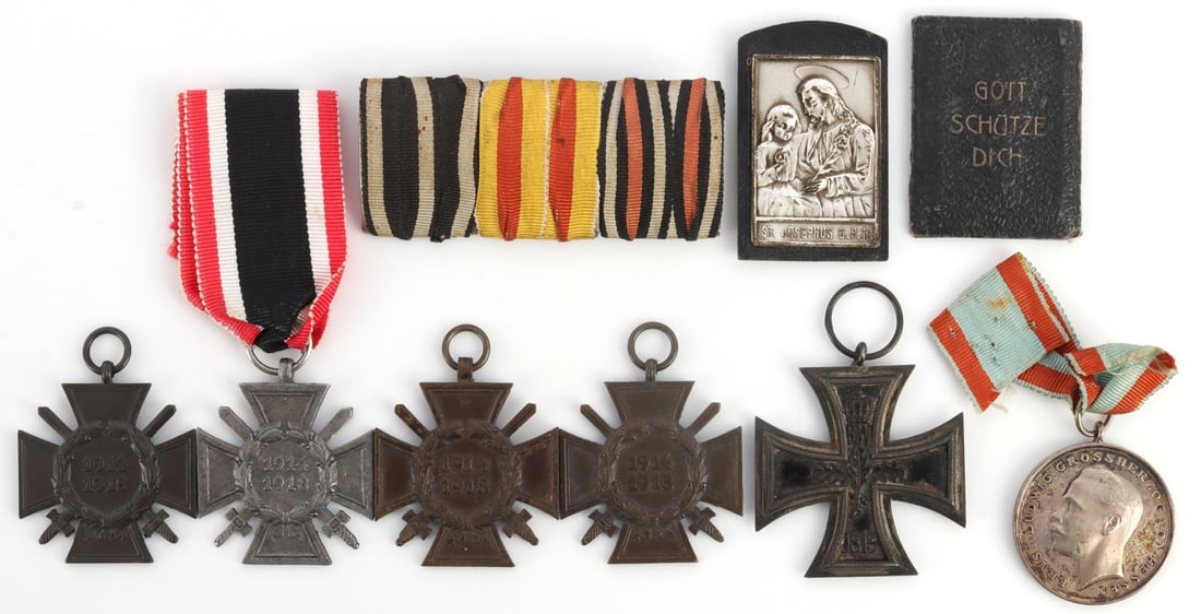 LOT OF 8 WWI IMPERIAL GERMAN AWARD MEDAL BADGES: Lot of EIGHT (8) pieces. Includes 1914 Iron Cross, 2nd Class (suspension ring stamped "K.M."), Ernst Ludwig Grossherzog von Hessen ?F?r Tapferkeit? (For Bravery) award medal on ribbon, three-place par