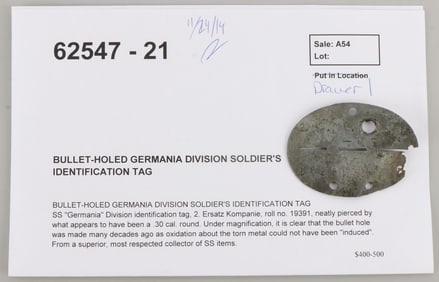 WWII GERMAN BULLET HOLE GERMANIA DIVISION DOG TAG