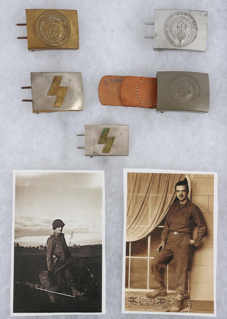 COLLECTION NAZI BELT BUCKLES TAKEN GERMAN SOLDIERS: Riker mount with buckles and notation that "Collection of German belt buckles taken from German Soldiers by Charles Stimac" additional information also included, buckles as photographed. All very good