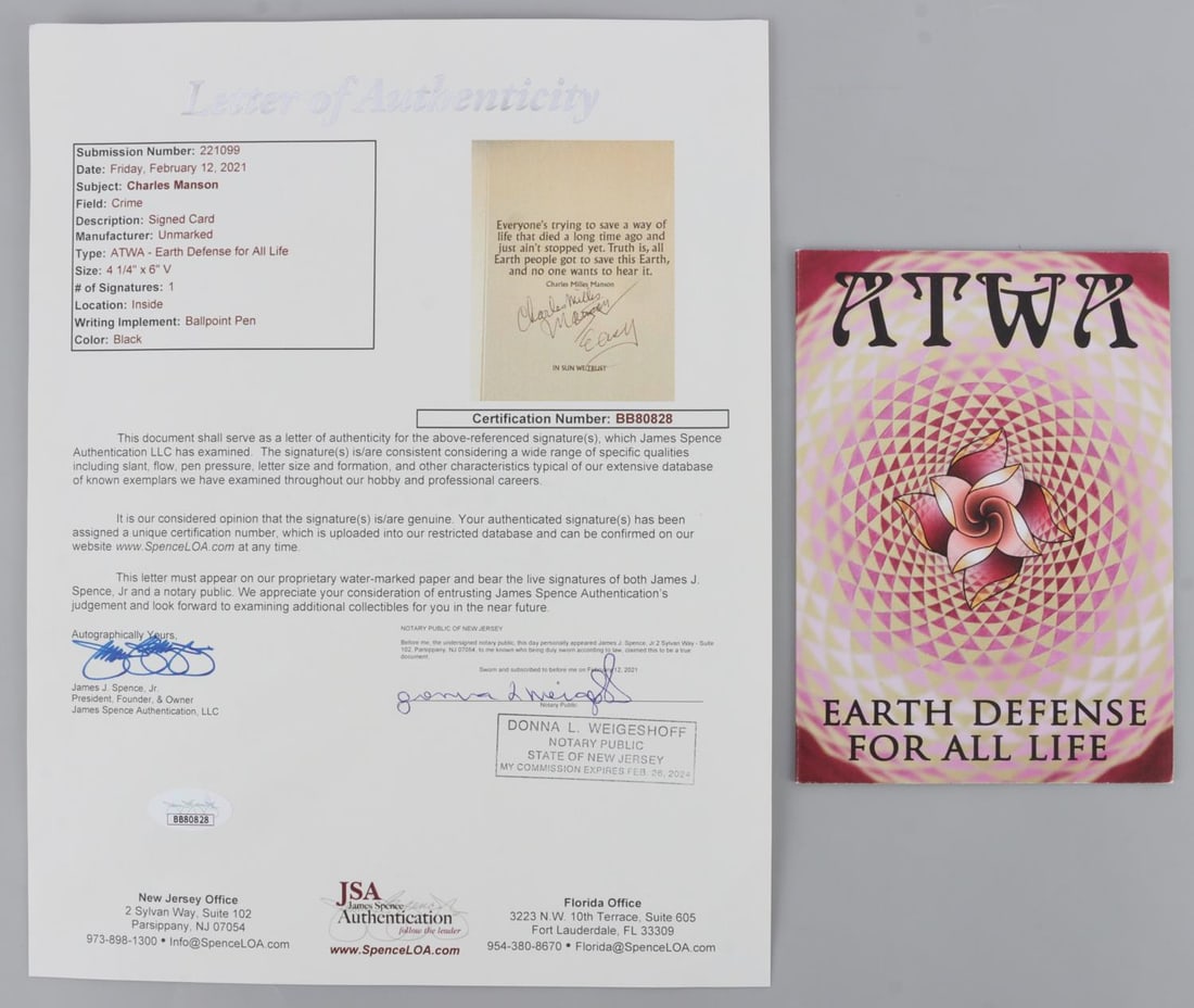 SIGNED CHARLES MANSON ATWA GREETING CARD WITH COA: ATWA (Air Trees Water Animals) greeting card that reads 'Earth Defense For All Life.' The interior of the greeting card contains a Manson quote, and Manson has signed off with 'Charles Mills Manson, E