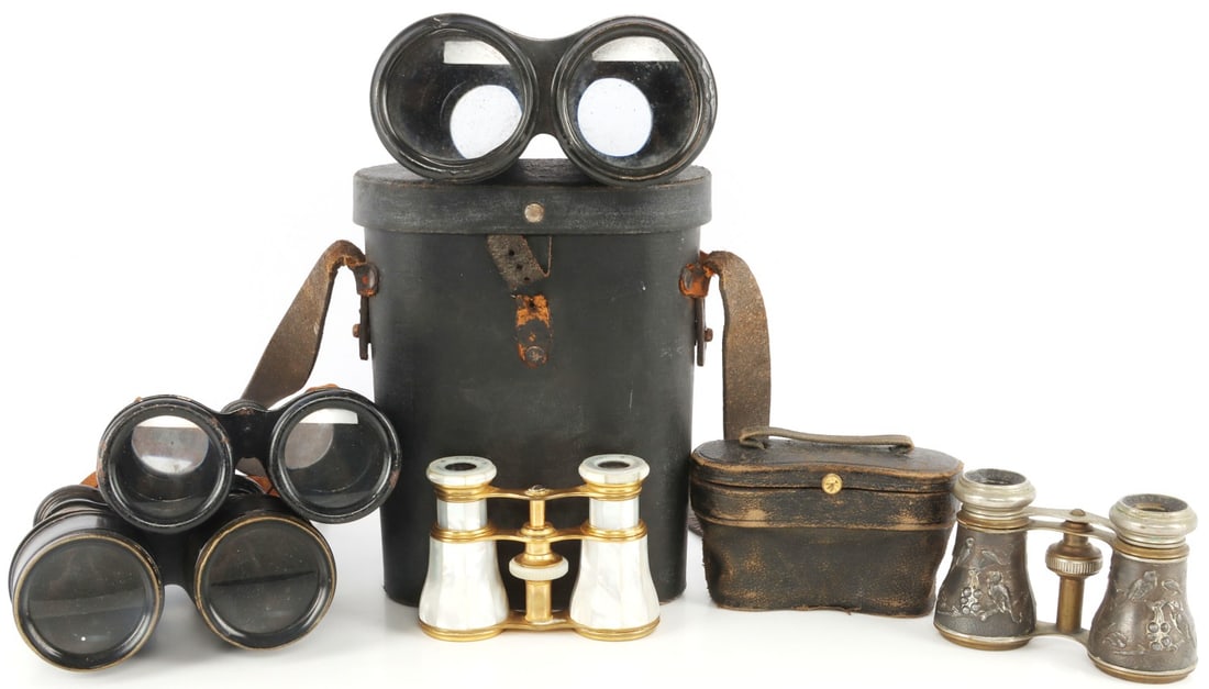 5 ANTIQUE FIELD & OPERA BINOCULARS MOTHER OF PEARL: Lot of FIVE (5) pieces. Includes cased pair of opera glasses by Lemaire Fabi Paris, clad in mother of pearl, Chevalier Pairs opera glasses with bird scene in raised relief, and group of three field bi