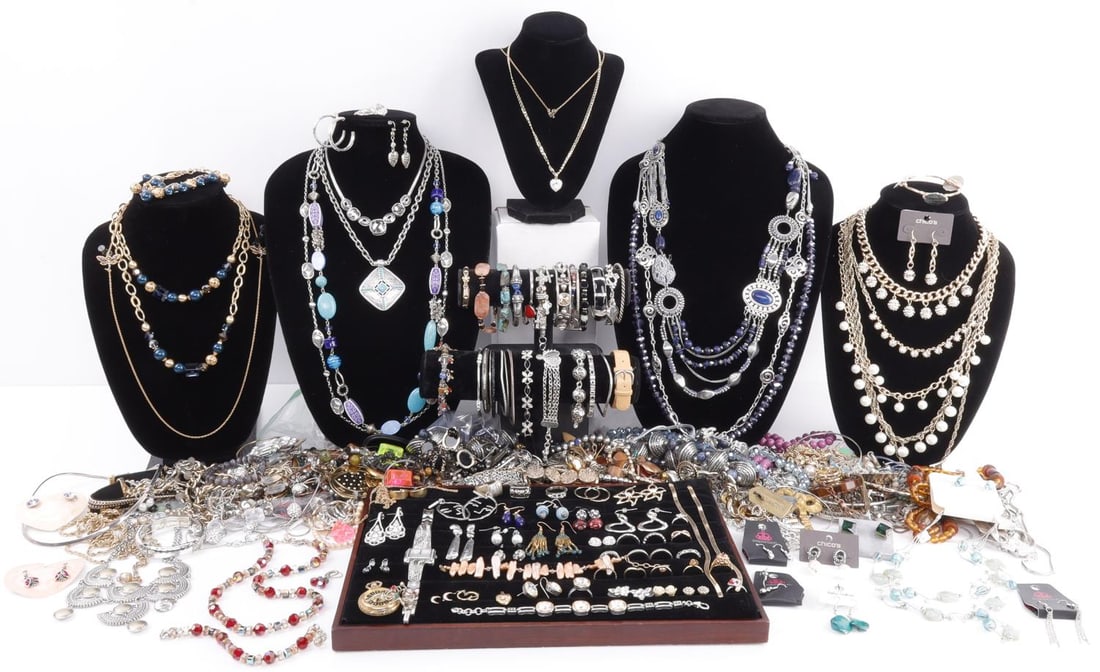 13+ LB LOT OF COSTUME JEWELRY GOLD FILL SILVER: Over THIRTEEN (13) lbs of costume jewelry. Lot includes a gold fill bracelet and some Emily Ray sliver pieces. Many other named pieces Avon, Chico's, Brighton and many more. Great dealer lot as some p