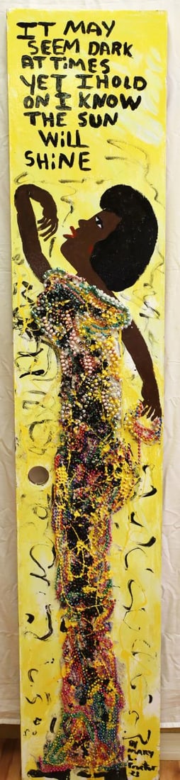 MARY PROCTOR AMERICANA FOLK ART PAINTING ON DOOR: Original piece on wooden door by "Missionary" Mary L. Proctor (1960- ), American artist, best known for her inspirational paintings, collages, and assemblages. As per Wikipedia, Museums holding her wo
