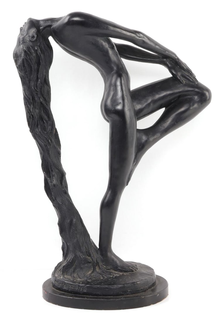 SULTRY AWAKENING STATUE BY KLARA SEVER: Klara Sever's 'Sultry Awakening' from Austin productions. Dated 1979. Patinated plaster. 21 X 6 X 14.5 inches. 16.2 pounds. Very good, original condition.