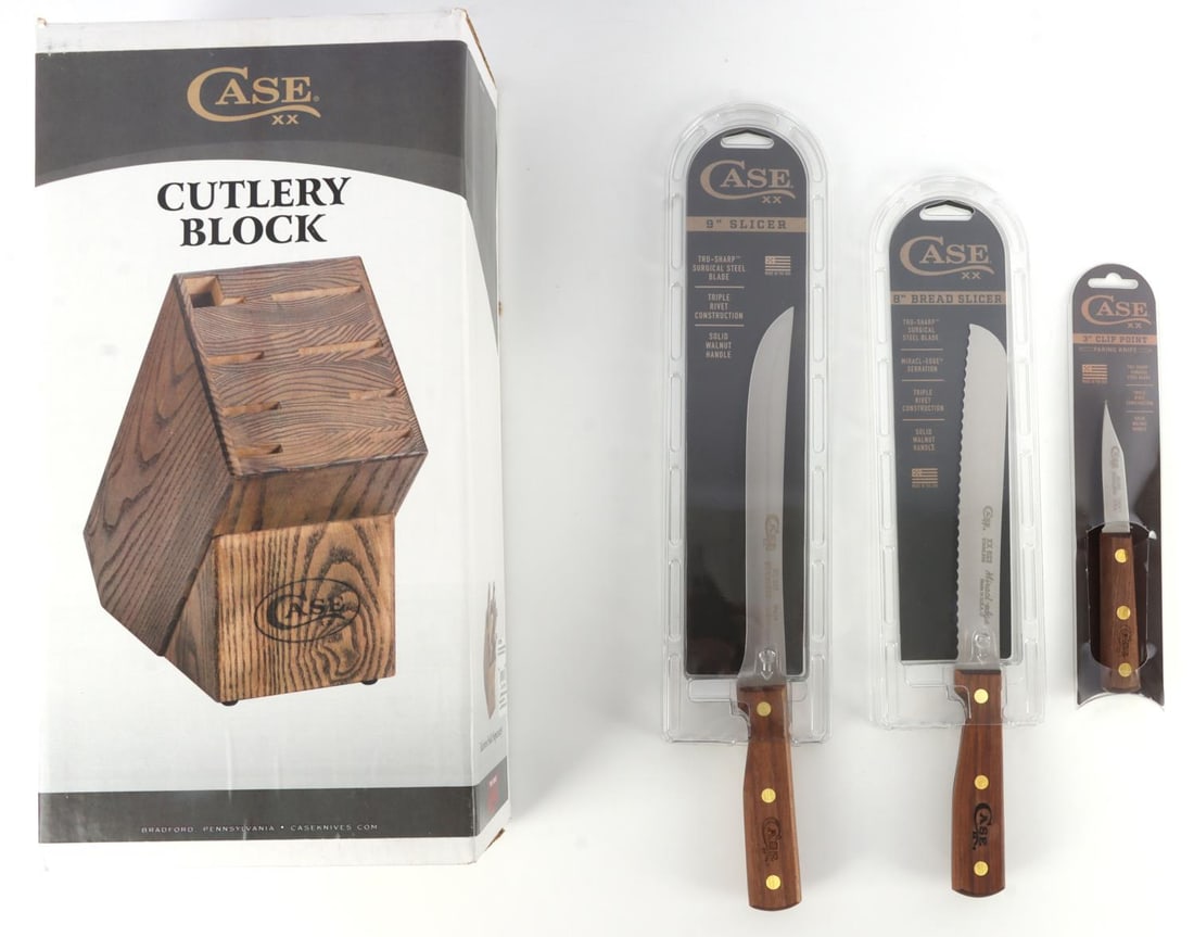CASE XX CUTLERY BLOCK MATCHING KNIFE LOT OF 4: Lot of FOUR (4) includes 1) Case XX Cutlery Block, Knives sold seperately. 2) 1 8 inch Bread Slicer. 3) 3 inch Clip Point Paring Knife. 4) 9 inch Slicer Knife. Very good condition. New in box. This lo