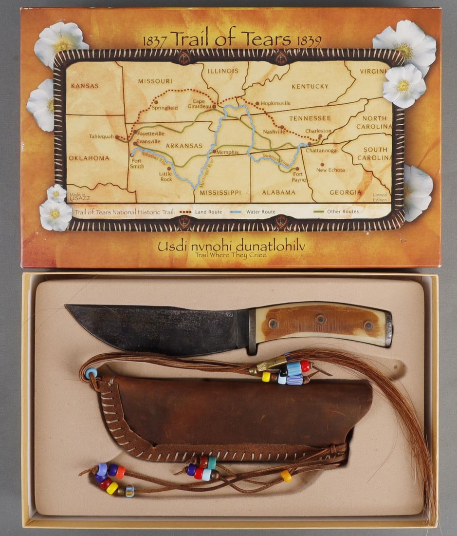 SCHRADE TRAIL OF TEARS LTD COMMEMORATIVE KNIFE SET: Schrade Cutlery Co. & Museum of the Cherokee Indian limited edition Trail of Tears commemorative knife and sheath. Numbered 269 of 1000. "Like new" condition, in original box with certificate of authe