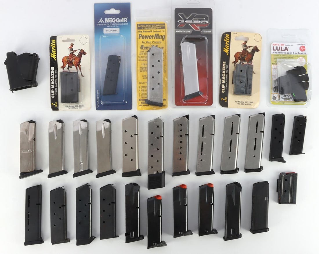 30 PC DEALER LOT ASSORTED PISTOL MAGAZINES PPK XD: Lot of THIRTY (30) pieces assorted magazines. Springfield XD, 1911 Wilson Combat, Walther PPK, Marline .22 WMR, and more. Good condition. No international shipping.
