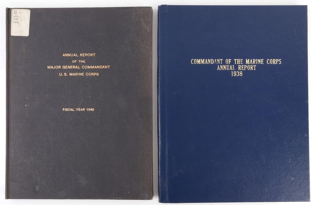WWII US MARINE COMMANDANT REPORTS 1938 1940: Lot of TWO (2) reports from the Commandant of the USMC for the years 1938 and 1940. Contains detailed information on readiness, funding, and needed improvements for those years. One is stamped as havi