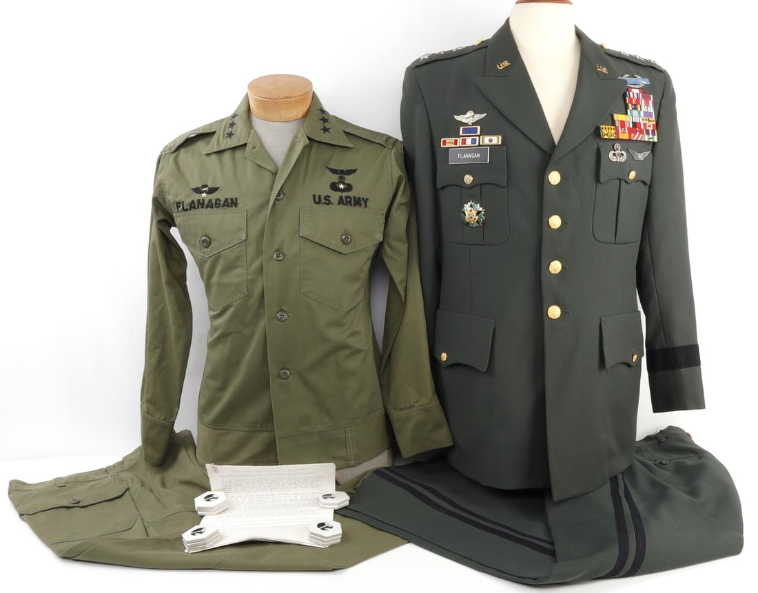 LOT OF 3 US ARMY EDWARD FLANAGAN UNIFORM AIRBORNE: Lot of THREE (3). 1)US dress uniform belonging to Lt. General Edward Flanagan. Uniform comes with ribbons and awards corresponding to Flanagan's career in Vietnam and elsewhere.19-inch shoulders. Made
