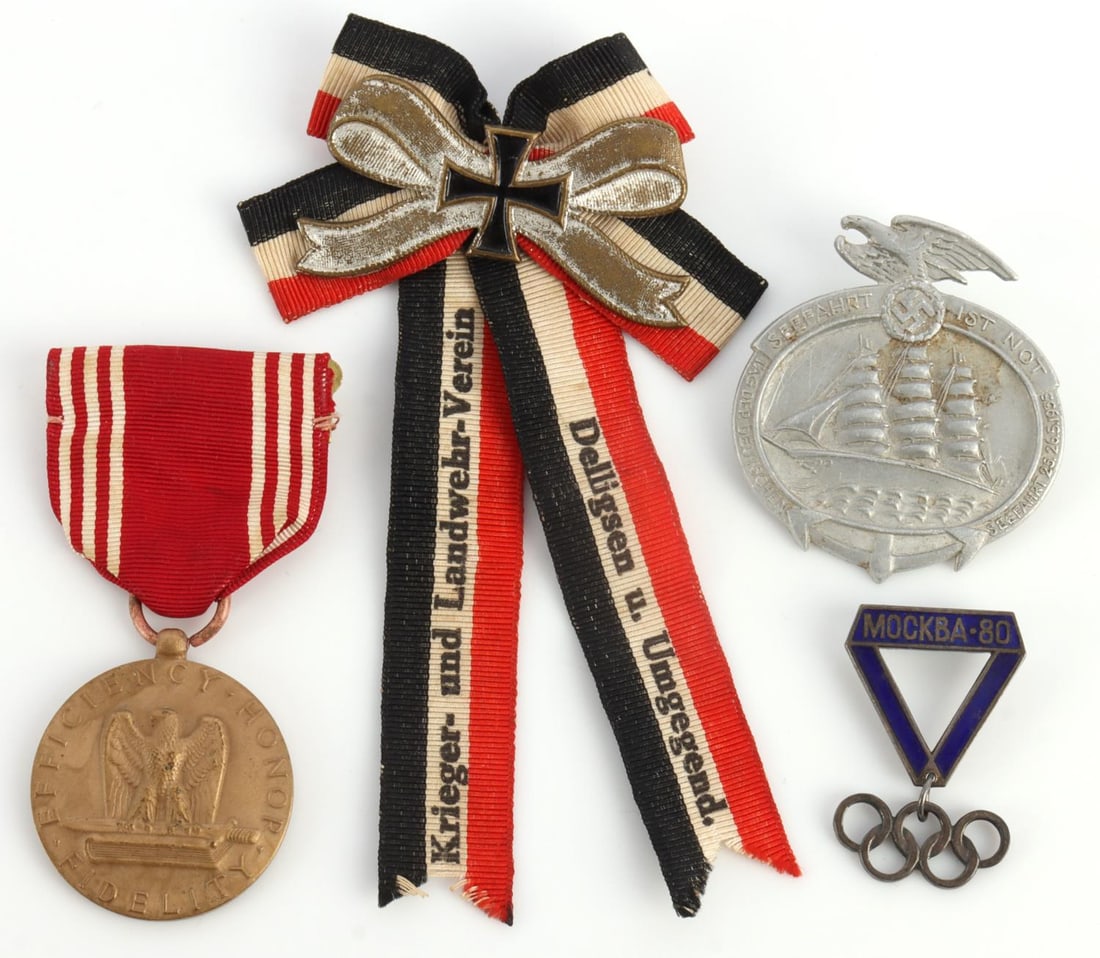 LOT OF 4 ASSORTED VINTAGE BADGES WWII MILITARY ETC: Variety of FOUR (4) badges includes: WWII U.S. Good Conduct medal with ribbon, Veteran's Association "Iron Cross" ribbon, May 1935 Maritime Day Reichsadler tinnie with makers marks to reverse, and 198