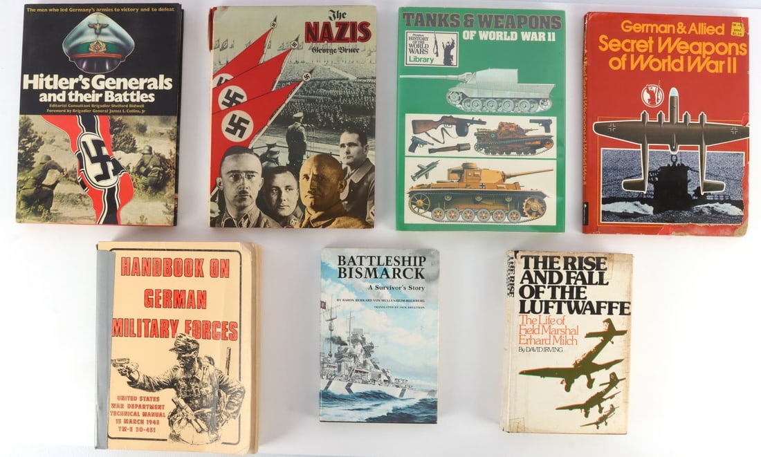 LOT 7 WWII THIRD REICH MILITARIA REFERENCE BOOKS: Lot of SEVEN (7) Third Reich German militaria books. Very good condition. 1) The Rise and Fall of the Luftwaffe by David Irving. 1978. History. 2) Battleship Bismark: A Survivor's Story by Baron Burka