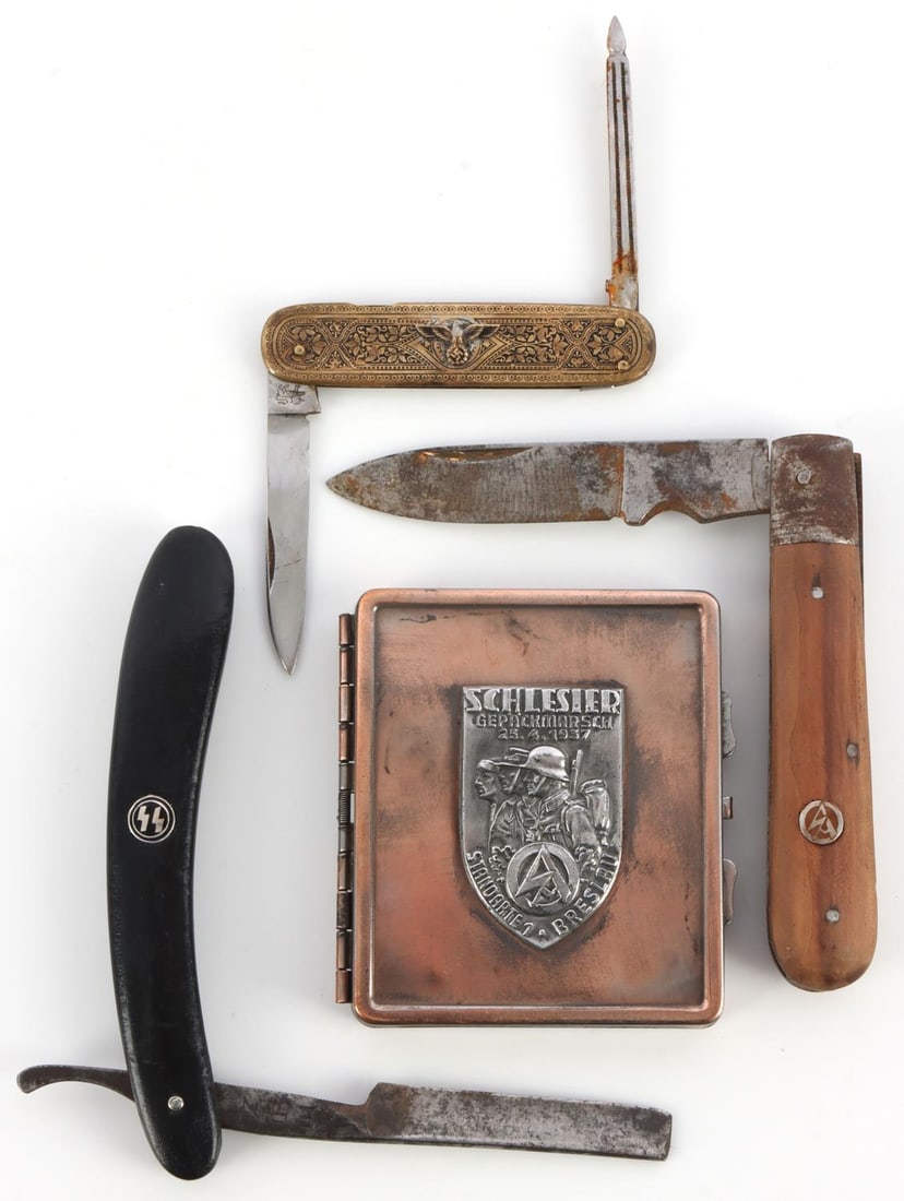 LOT OF 4 WWII GERMAN THIRD REICH ITEMS SA SS MORE: Lot of FOUR (4) WWII German items includes: SA cigarette case, SA pocket knife, Heer pocket knife, and SS straight shaving razor. All items in good overall condition. Lot is unauthenticated, sold "as 