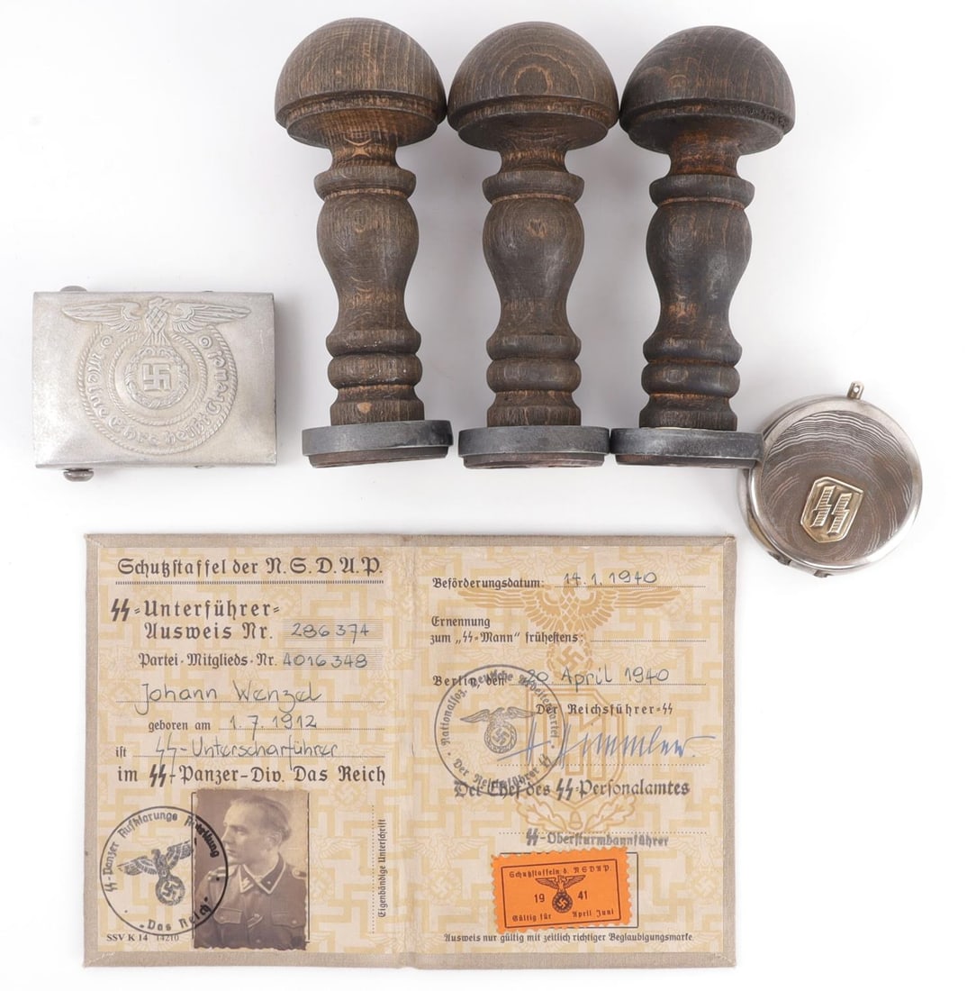 LOT OF 6 WWII GERMAN WAFFEN SS ITEMS LUFTWAFFE ETC: Lot of SIX (6) Waffen SS items includes: ONE (1) Waffen SS 'Das Reich' ausweis, ONE (1) SS enlisted man's belt buckle, ONE (1) Waffen SS pocket ashtray, and THREE (3) Waffen wooden hand stamps ( 'Der 