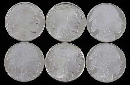 LOT OF SIX 1 OUNCE BUFFALO SILVER ROUNDS 999 FINE