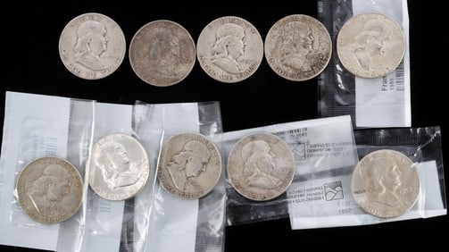 $5.00 FACE VALUE FRANKLIN 90% SILVER COIN LOT F/AU