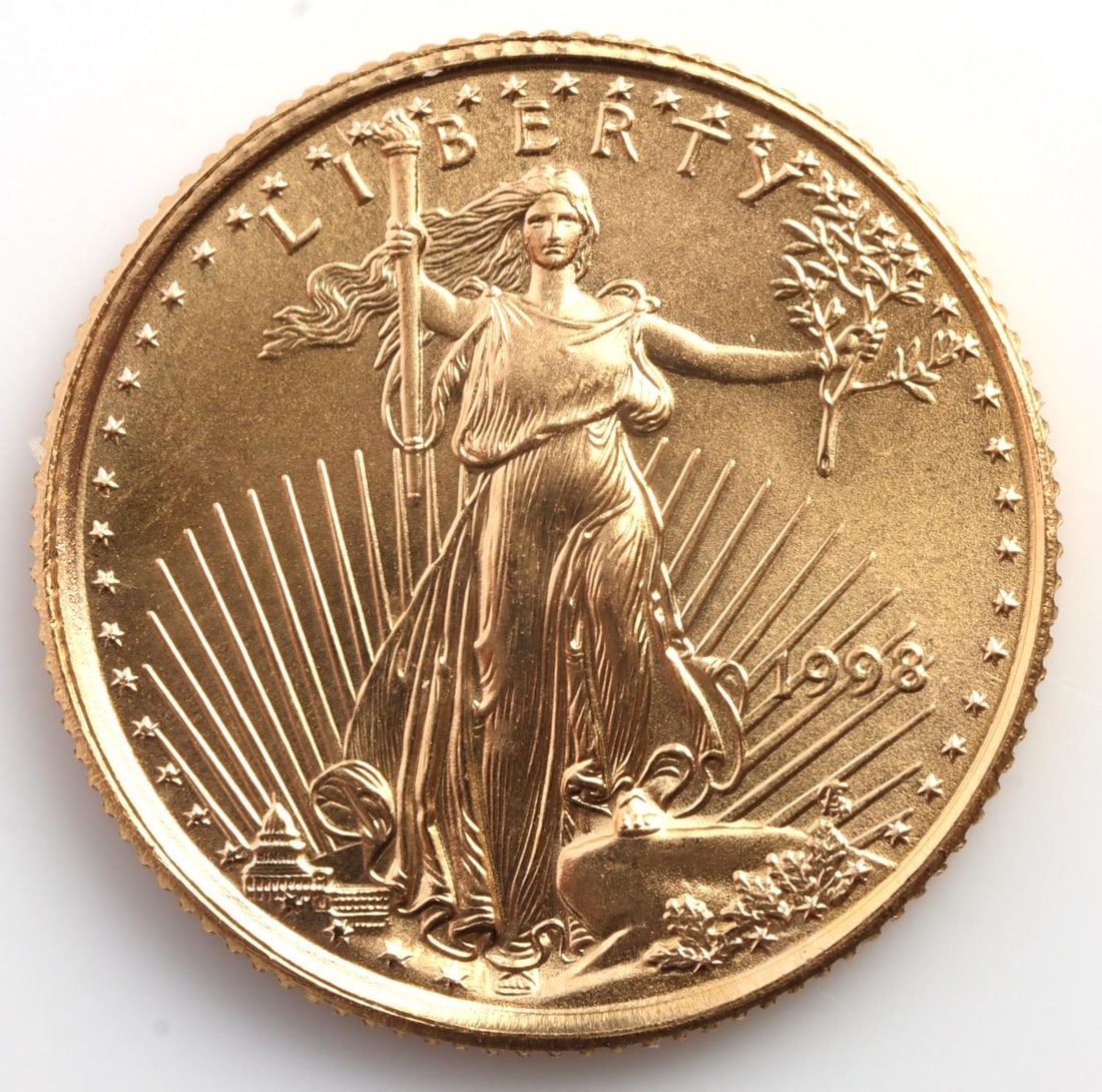 1998 GOLD 1/10 OZT OUNCE AMERICAN EAGLE BU COIN: Brilliant uncirculated. This lot has a reserve.