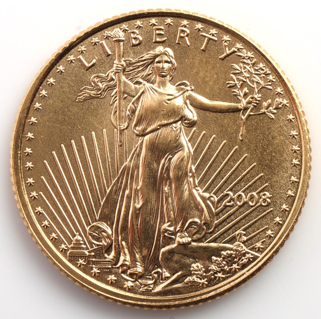 2008 GOLD 1/10 OZT OUNCE AMERICAN EAGLE BU COIN: Brilliant uncirculated. This lot has a reserve.