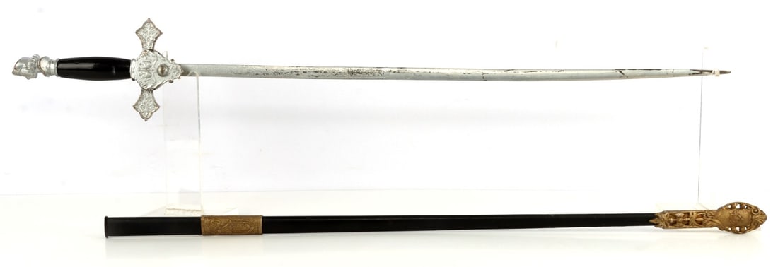 ANTIQUE KNIGHTS OF COLUMBUS FRATERNAL SWORD: T.C. Gleason is maker. Good etched blade. Some surface rust. Otherwise, good original condition. Not named.