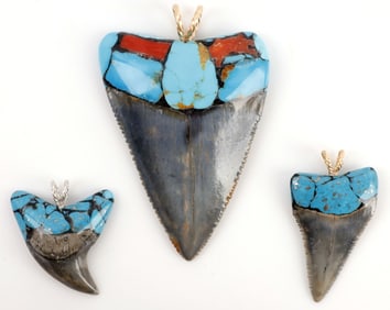 LOT OF 3 SHARKS TEETH & TURQUOISE PENDANTS