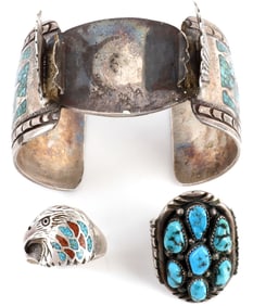 LOT OF 3 NATIVE THEMED STERLING RINGS AND BRACELET