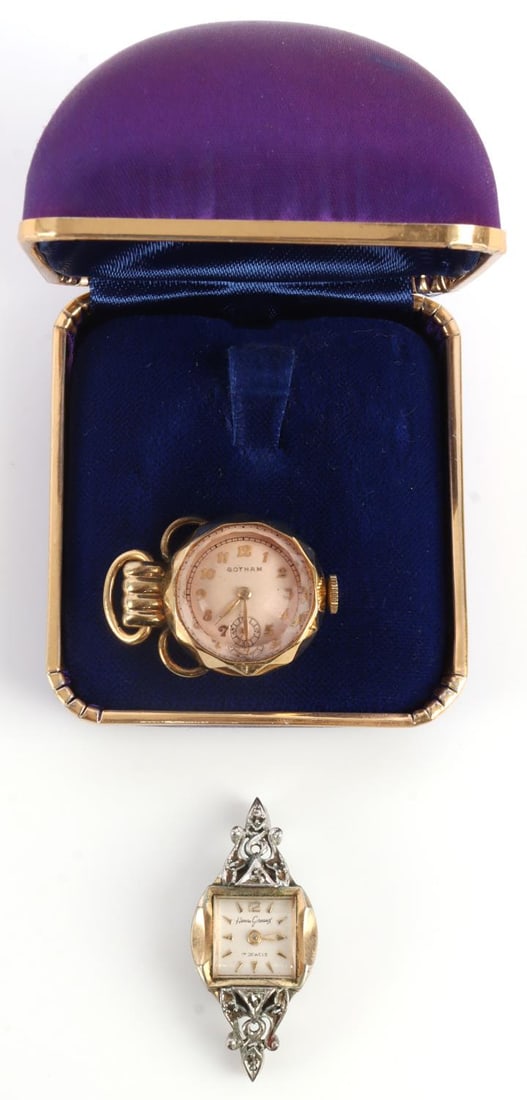 SET OF 2 10K ROLLED GOLD PLATE WATCHES GOTHAM: Set of TWO (2) watches both marked rolled gold fill. One is a Gotham pendant watch with rose colored crystal this watch is in over all very good condition. The other watch is just the face in good con