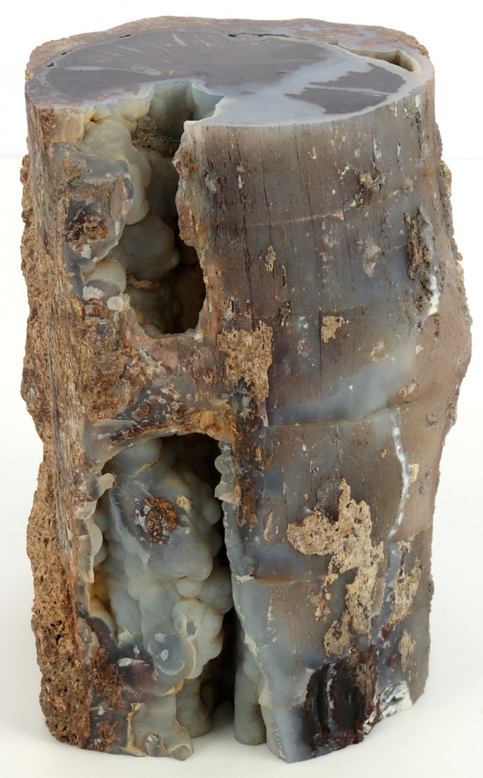 PETRIFIED WOOD LOG WITH AGATE CORE: Significant log of petrified wood with a milky blue agate core. 6 inches tall with a 3.5 inch radius and 13 inches around at thickest portion. Very good, original condition.