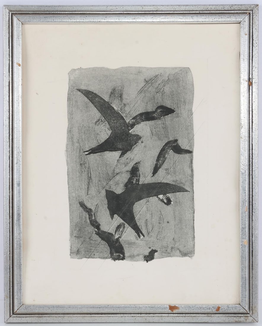 GRAVURE PRINT OF BIRDS IN FLIGHT BY GEORGES BRAQUE: Gravure print of 'Birds in Flight' by Georges Braque (1882-1963), who is widely credited as helping Picasso to establish cubism as a respected art movement. The painting is in shades of gray and black