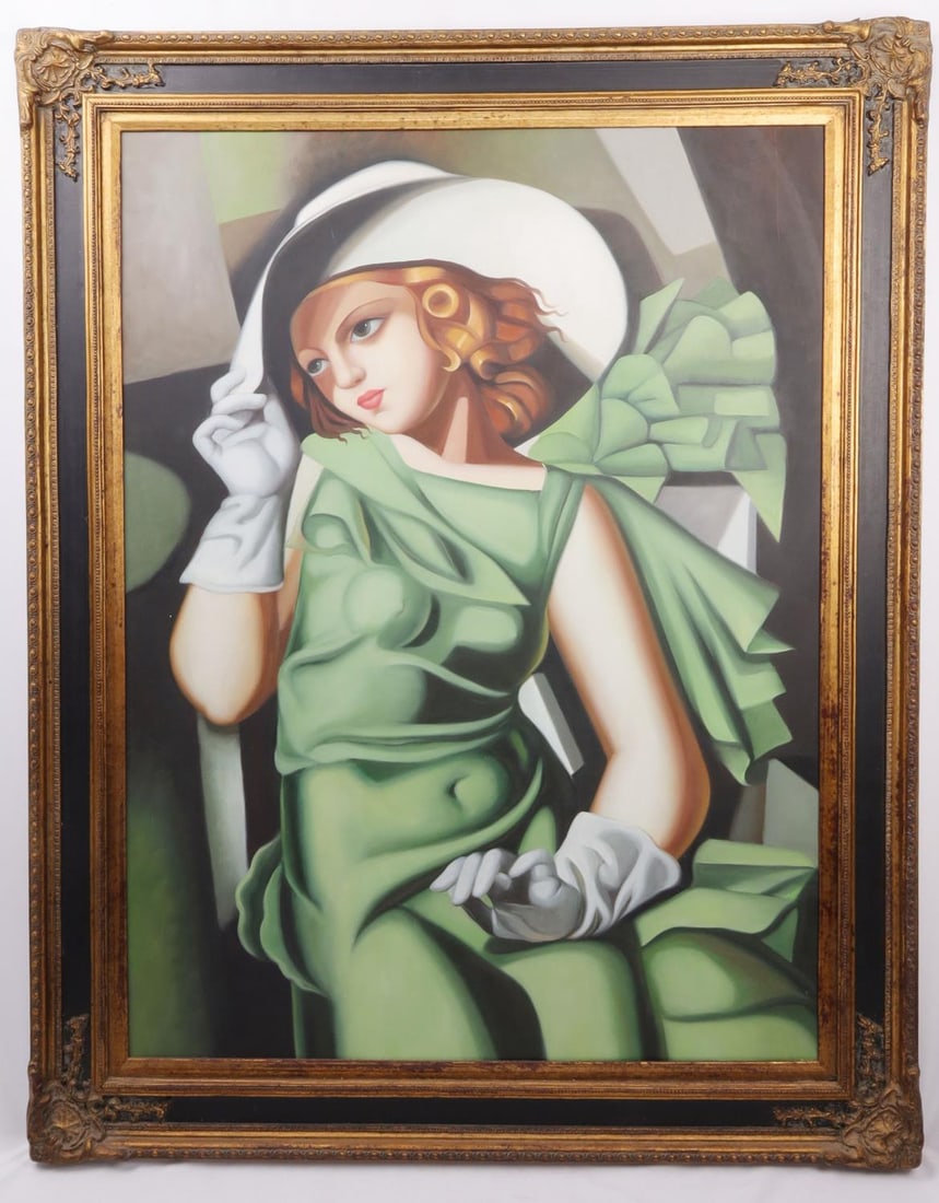 LARGE TAMARA LEMPICA COPY YOUNG GIRL IN GREEN: Paint and canvas reproduction of Tamara Lempica's Young Girl in Green, high quality art student copy. Painting depicts a young woman in a green dress with white hat and gloves, staring into the distan