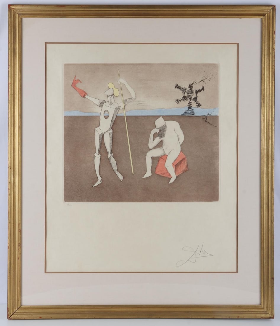 SALVADOR DALI SIGNED LITHO PRINT POWER OF THOUGHT: Lithograph print of the "Power of Thought" painting by Salvador Dali. Corner has been signed 'Dali' and numbered '18/150.' Piece depicts abstract versions of Don Quixote in a dramatic pose and a seate