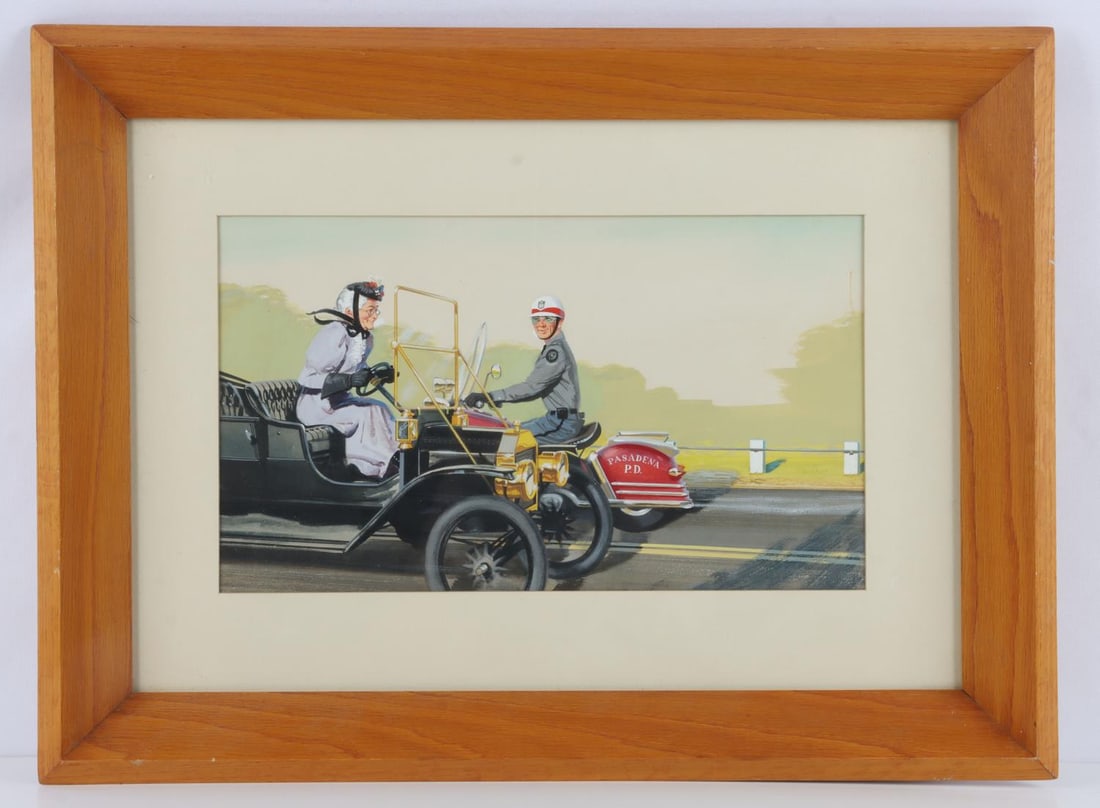 LITTLE OLD LADY FROM PASADENA PAINTING: Painting depicting the events of the Jan & Dean song, 'Little Old Lady from Pasadena.' Framed and matted. Artist unknown. 23 X 17 inches. Very good, original condition.