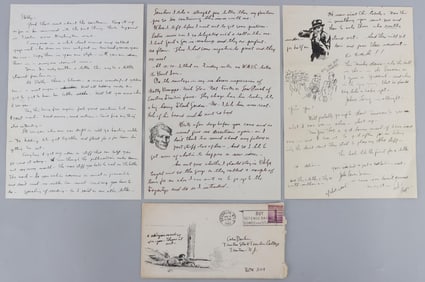 4 JOHN SEVERIN ILLUSTRATED POSTAL COVERS & LETTERS