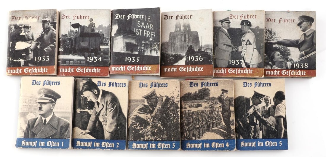 11 WWII GERMAN REICH ADOLF HITLER WHW MINI BOOKS: Lot of ELEVEN (11) WWII German Reich WHW(Winterhilfswerk) miniature books for Adolf Hitler(Der Fuhrer). These were sold by WHW to raise funds to support the German red cross. Book size approx. 1.5 X 2