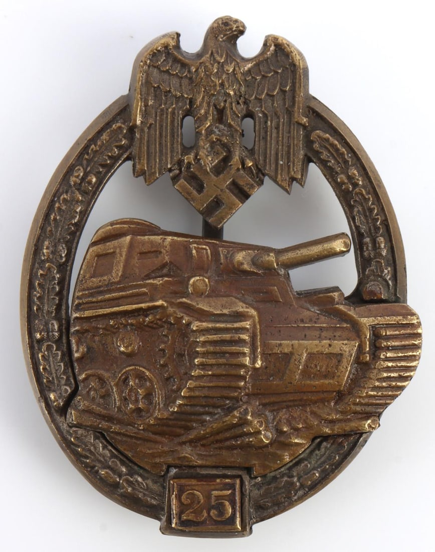 WWII GERMAN THIRD REICH PANZER 25 ASSAULT BADGE: Unmarked reverse. Bronze. Exceptional detail. Stout pin. Very good, original condition. This lot has a reserve.